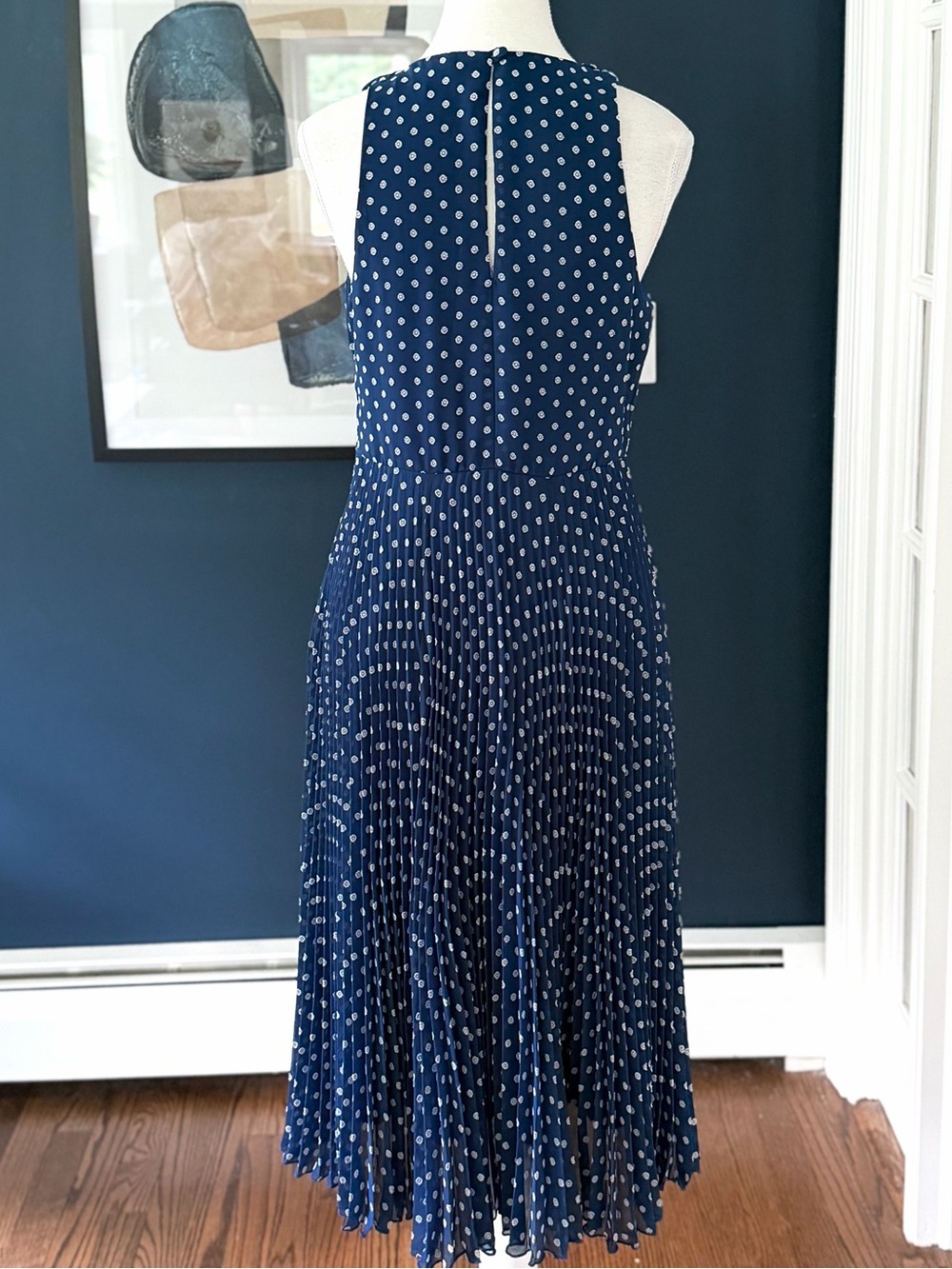 Anthropologie x Eva Franco Pleated Chiffon Fit & Flare Midi Dress, Navy | Size 4 - Picture 4 of 13